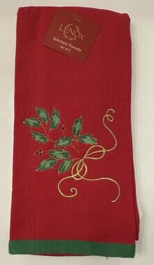 Lenox Holiday Green Kitchen Towel Set Of Two (2) Cotton Embroidered
